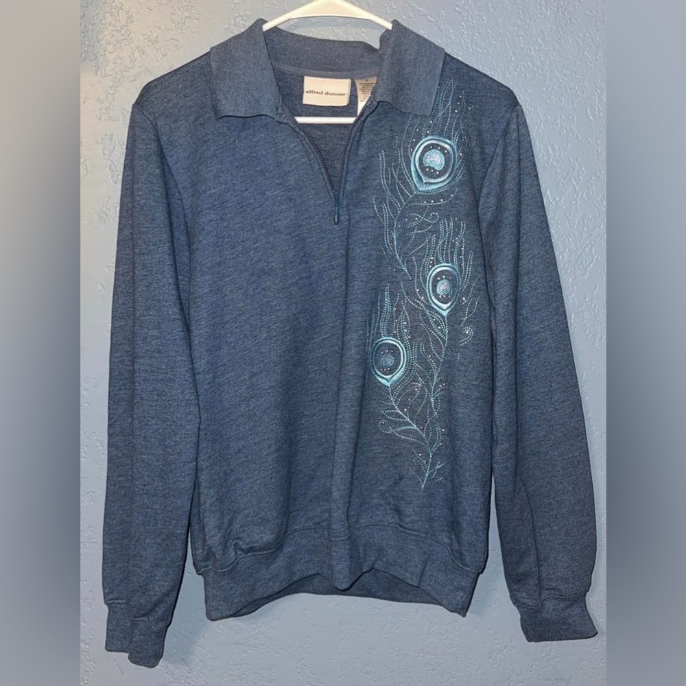 Alfred Dunner Navy Half-Zip Sweater with Teal Peacock Feather Embroidery